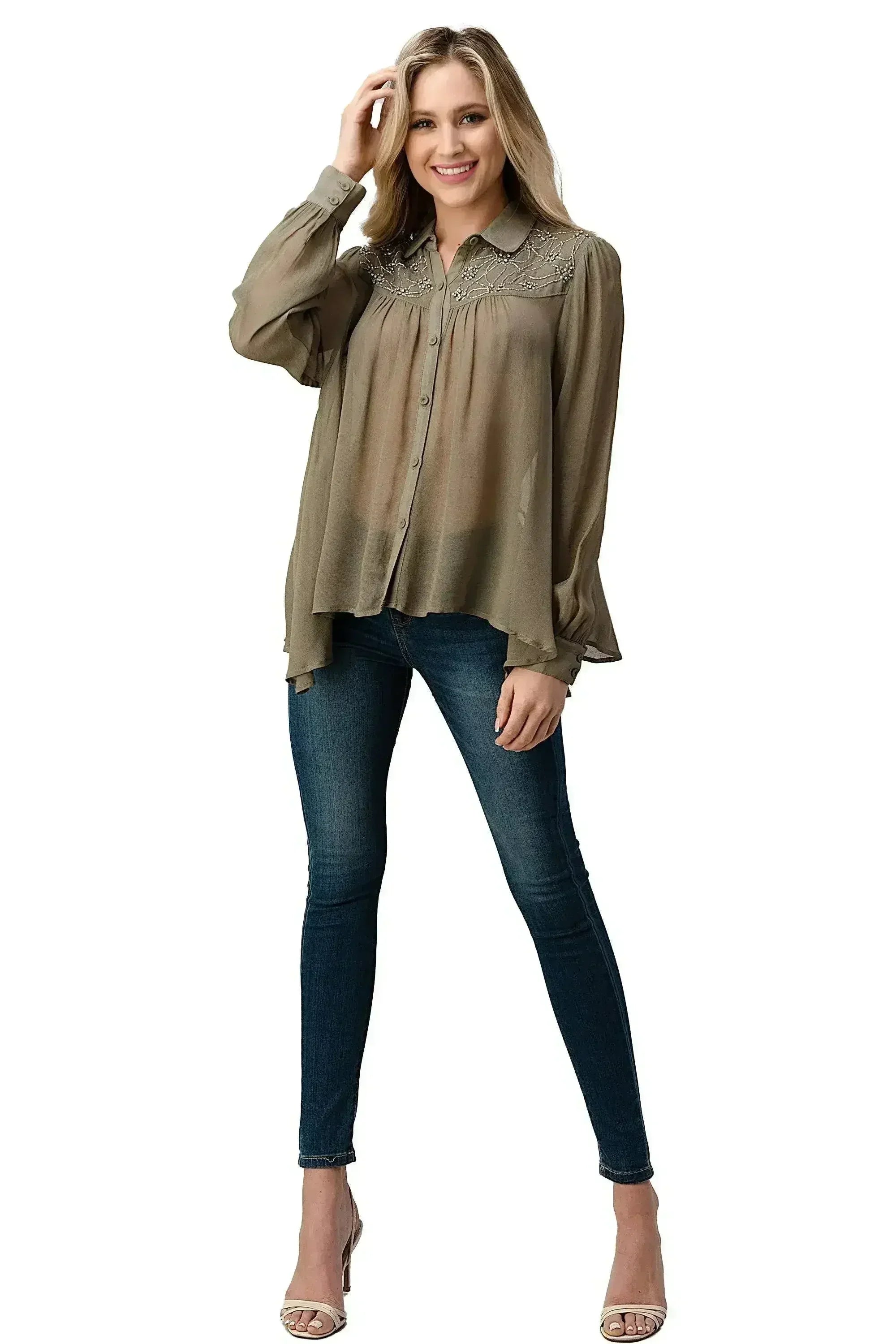 Embroidered Sheer Blouse - Beaded Jewel Trim Button-Up Top | Femstylo