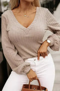 Knitted Jacquard V-Neck Top - Lantern Sleeve Blouse | Femstylo