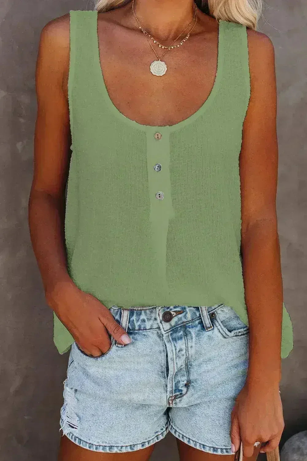 Button Textured Cotton Tank Top