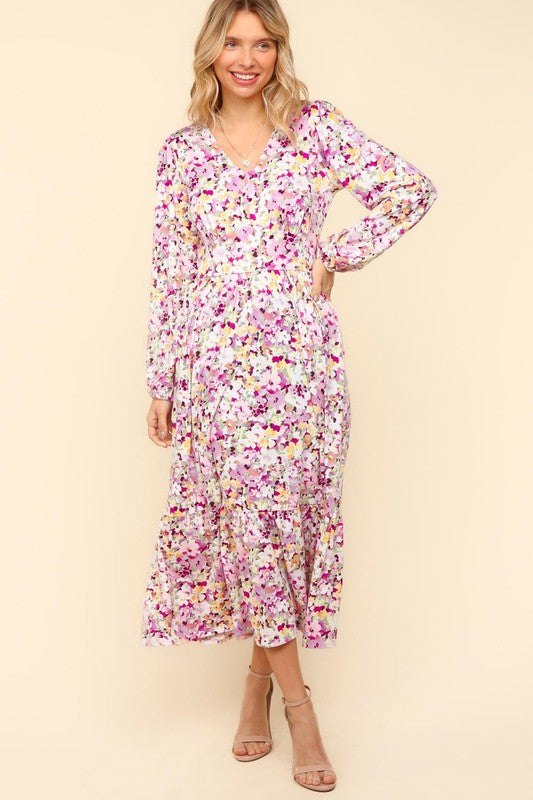 Lilac Full Size Floral V-Neck Long Sleeve Dress With Side Pockets Elegant & Practical Dress