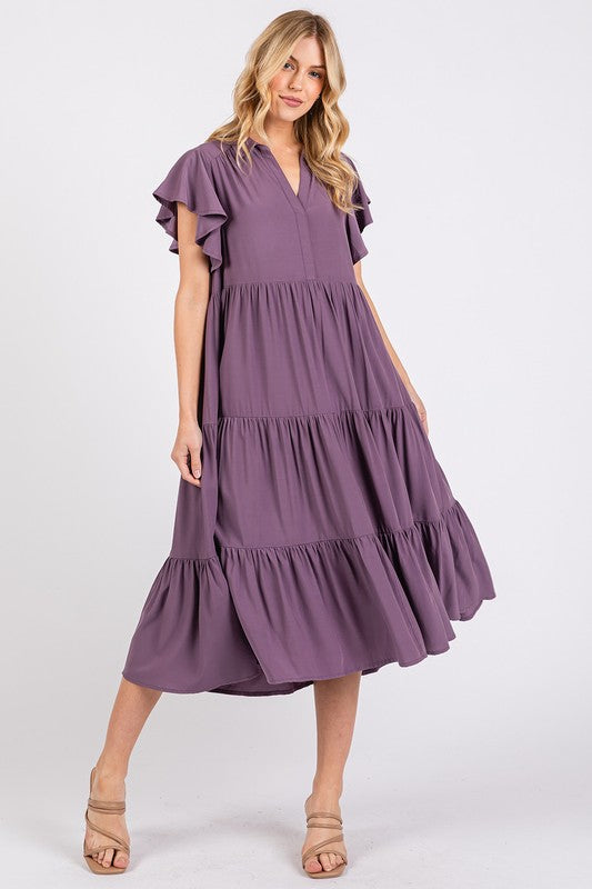 Ruffle Sleeve Collared V Neck Tiered Midi Dress For Women – Elegant and Feminine Dress with Ruffled Sleeves and Tiered Design