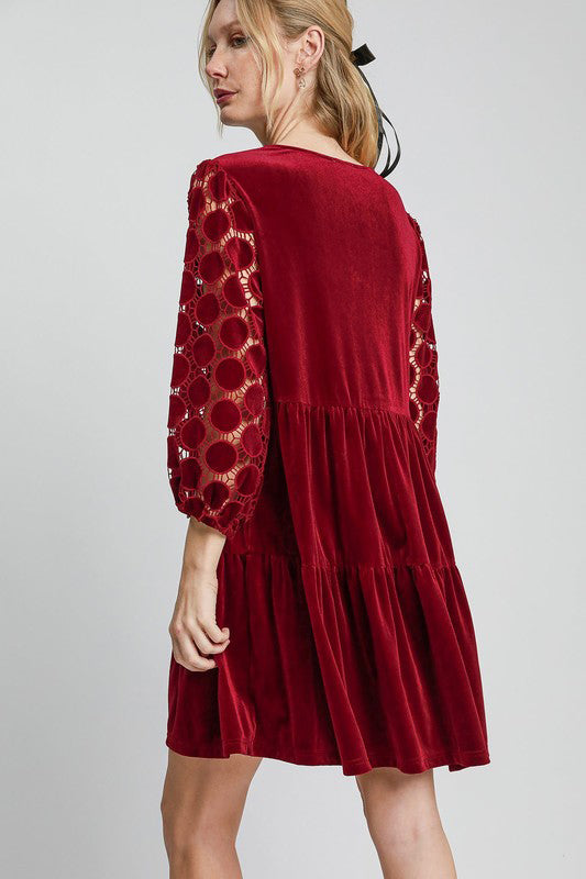 Dotted Lace Sleeve Tiered Velvet Mini Dress For Women – Vintage Lace Dress, Tiered Velvet Dress, Elegant Party Dress, Whimsical Lace Sleeve Dress, Chic Mini Dress