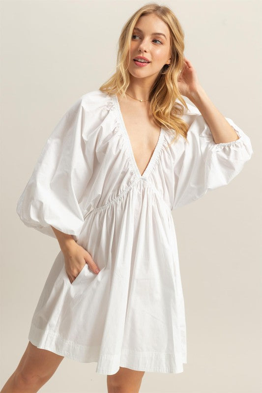 New Plunge Balloon Sleeve Poplin Mini Dress with Pockets For Summer Bold, Elegant, Sexy, Trendy, and Practical with Dramatic Balloon Sleeves and Plunging Neckline for a Fashion-Forward Look