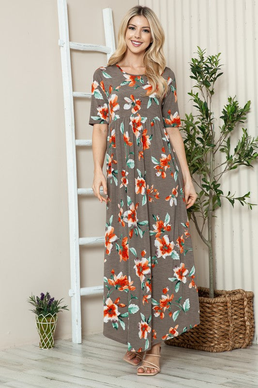 Floral Round Neck Short Sleeve Maxi Tee Dress – Casual and Comfortable Floral Maxi Dress with Relaxed Fit and Short Sleeves