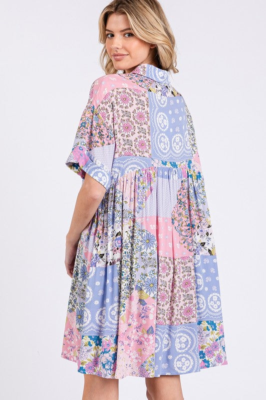Pink Multicolor Floral Collared Neck Half Sleeve Mini Shirt Dress Feminine Floral Print Dress for Women