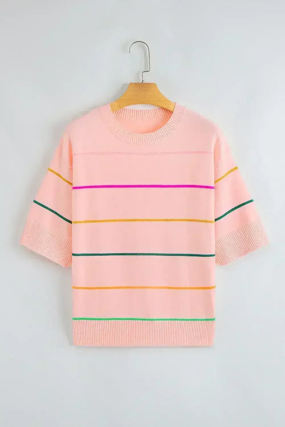 White Striped Half Sleeve Drop Shoulder Sweater
