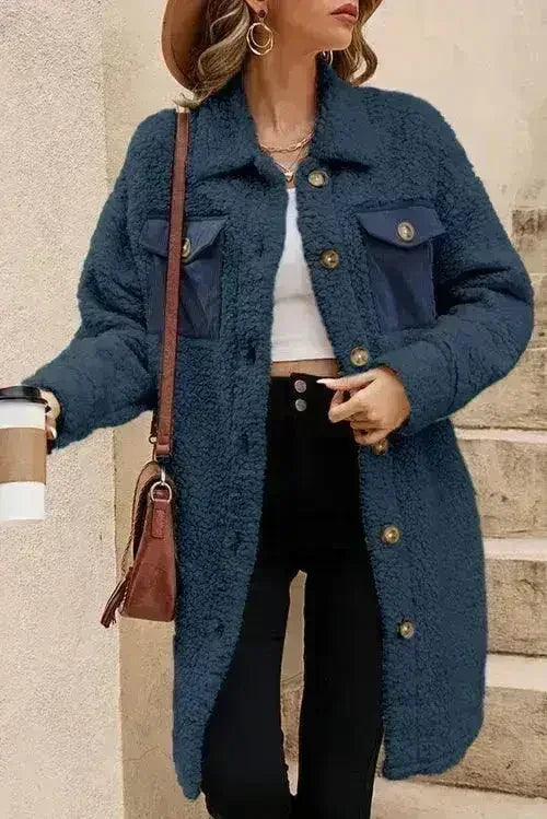 Blue Teddy Coat – Contrast Flap Pockets & Single Breasted
