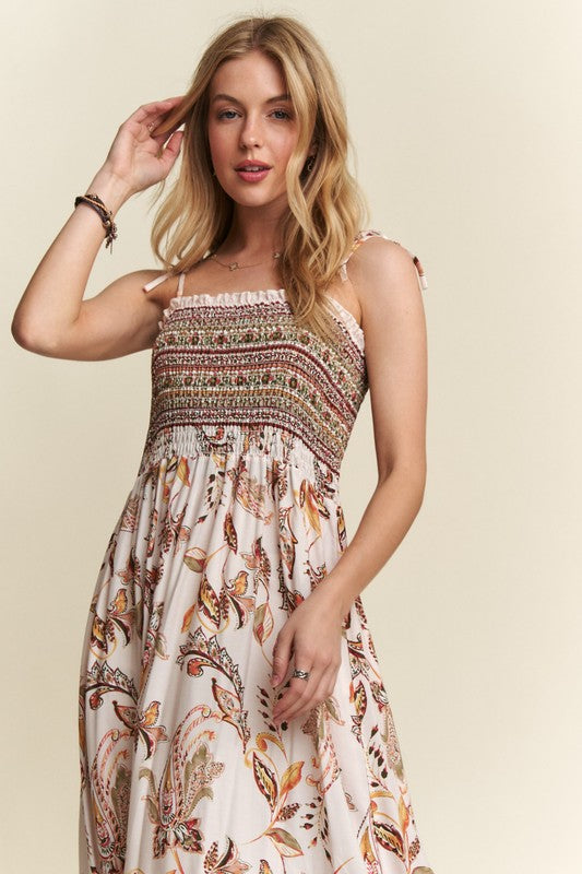 New Summer Smocked Printed Square Neck Tie Shoulder Cami Dress – Trendy, Chic, Feminine, Comfortable, Stylish Summer Dress