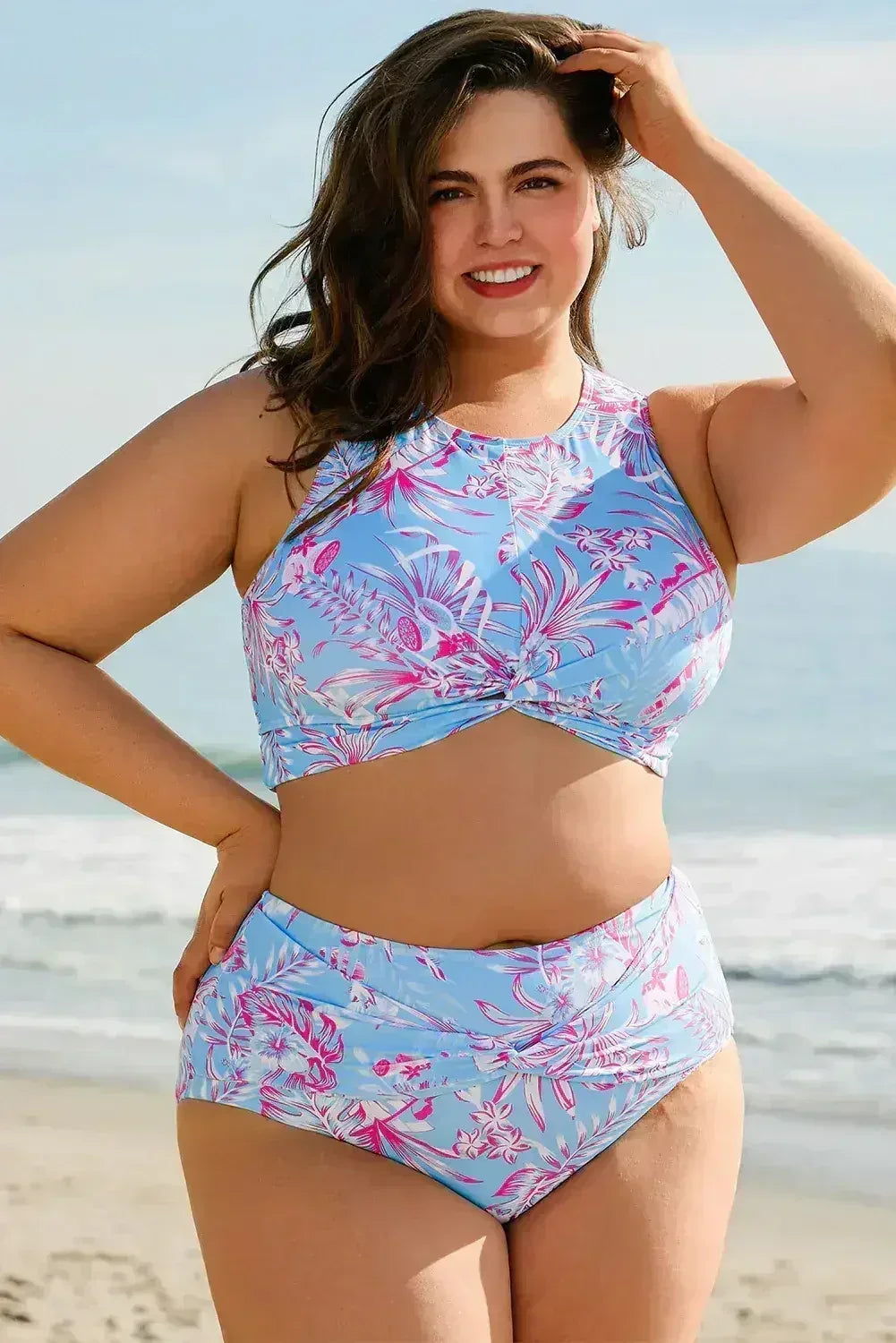 Rose Plus Size Floral Print Twisted High Waist Bikini Set
