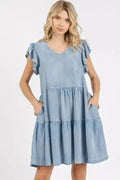 Feminine V-Neck Mini Dress – Ruffled Sleeves & Tencel Fabric | Femstylo