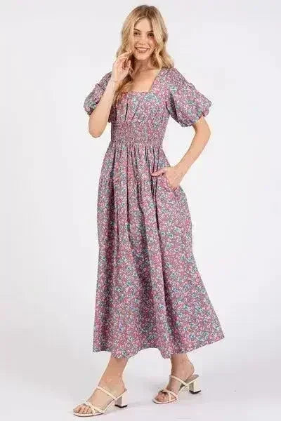Smocked Floral Square Neck Puff Sleeve Midi Dress - Femstylo