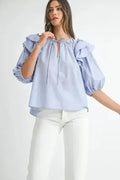 MABLE Stripe Ruffle Shoulder Puff Sleeve Blouse | Femstylo
