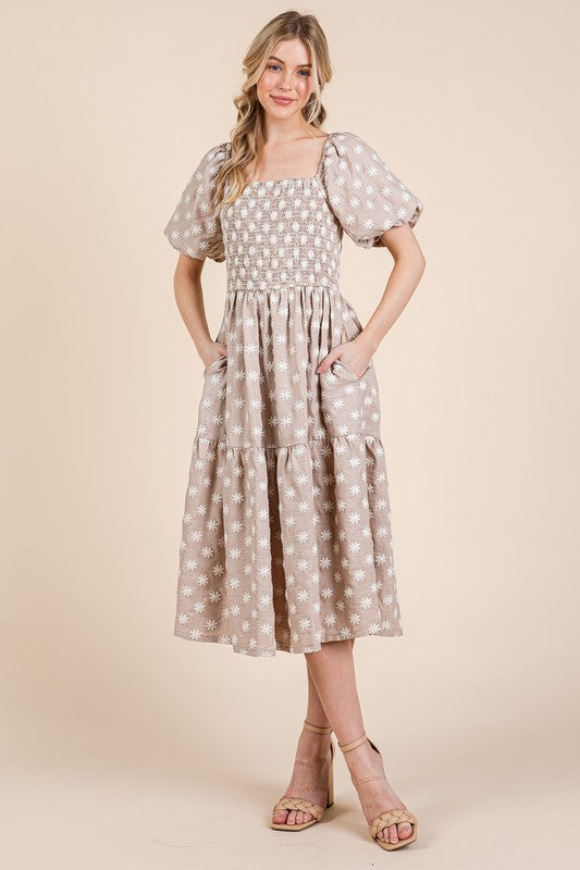 New Floral Embroidered Smocked Puff Sleeve Tiered Midi Dress For Women Elegant,Charming and Feminine Floral Embroidered Midi Dress with Puff Sleeves and Tiered Design