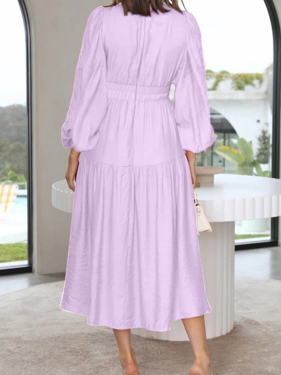 Lightweight Deep V-Neck Balloon Sleeve Maxi Dress Elegant & Flowing Silhouette Unique Dress