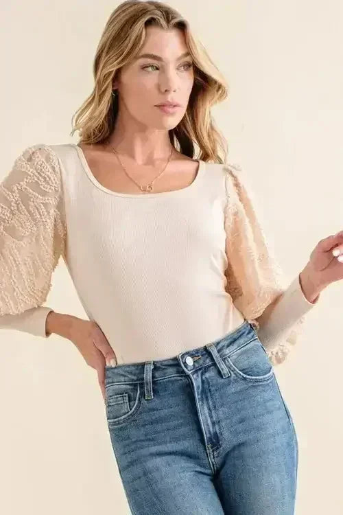 Textured Puff Sleeve Bodysuit | Lace Detail Blouse Bodysuit - Femstylo
