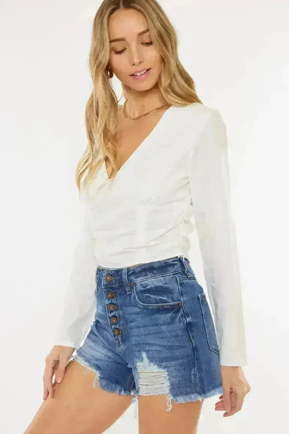 Kancan Distressed Button-Fly High Waist Denim Shorts