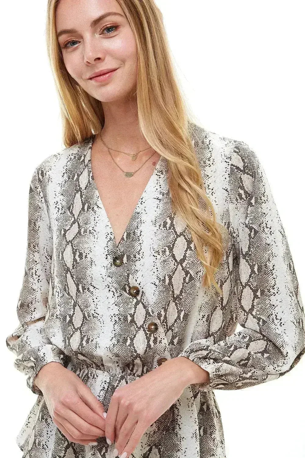 Snake V neck Button Front Peplum Long Sleeve Blouse Top | Femstylo