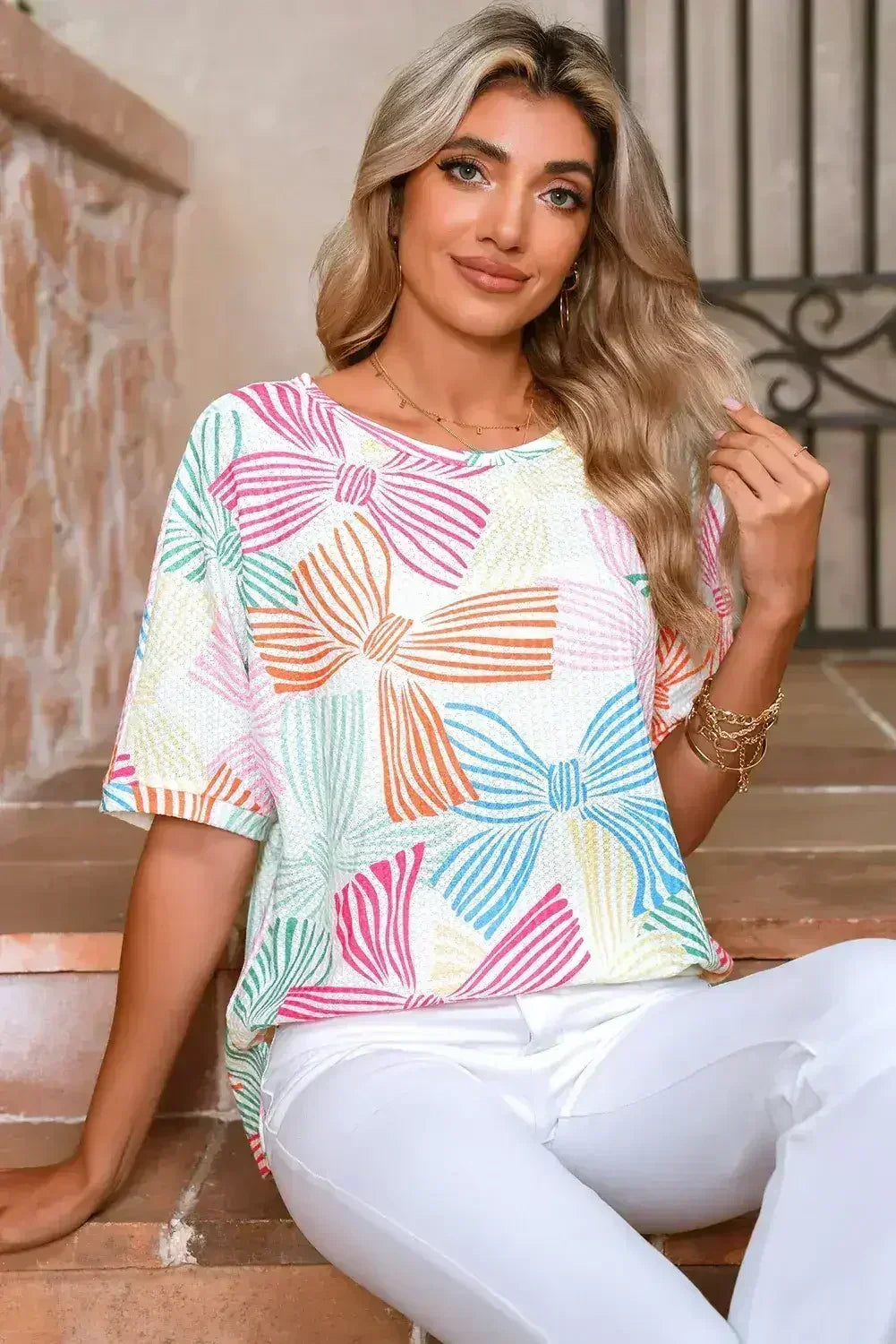 Sky Blue Bowknot Print Waffle Loose Tee