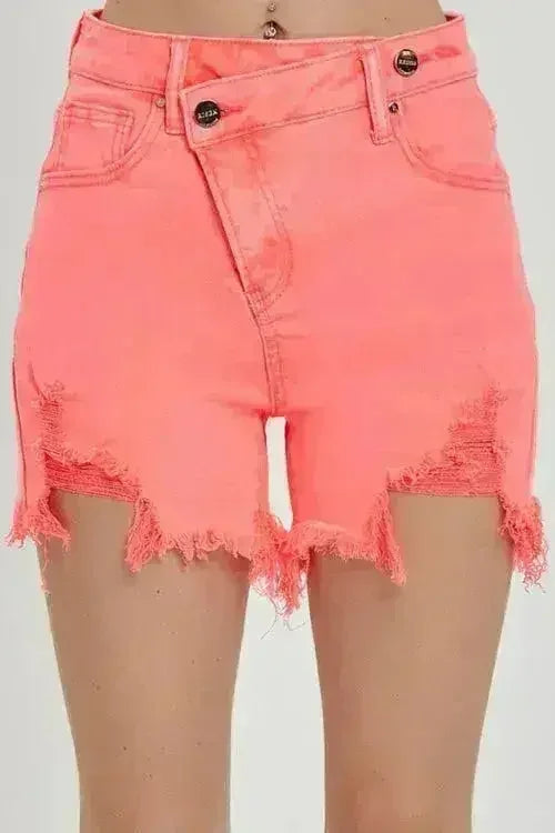 RISEN Raw Hem Asymmetrical Waist Denim Shorts