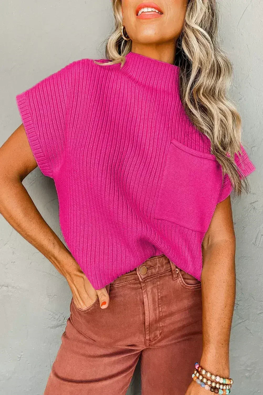 Mineral Red Patch Pocket Ribbed Knit Short Sleeve Sweater