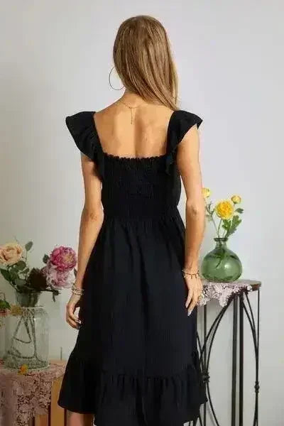Smocked Square Neck Dress with Ruffled Sleeves - Feminine & Flirty | Femstylo
