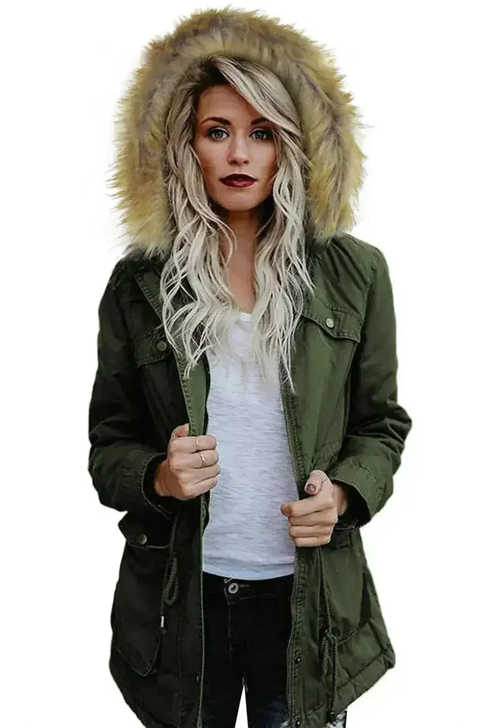 Zipper Snaps Pocket Plush Hooded Parka Jacket