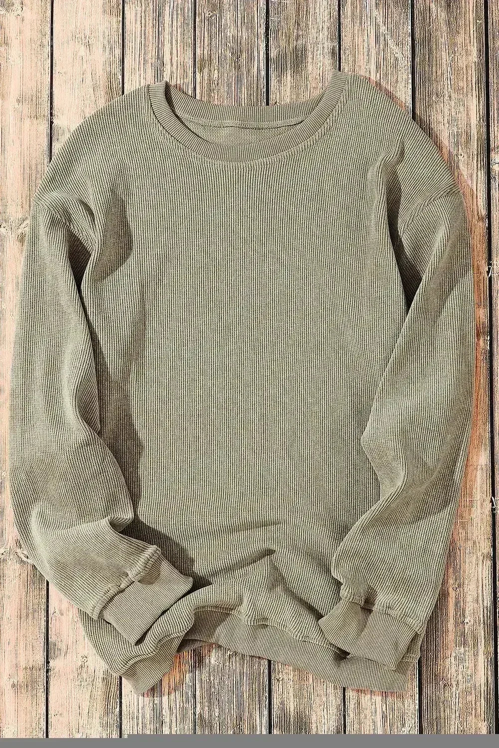 Green Ribbed Knit Sweatshirt - Round Neck Pullover | Femstylo