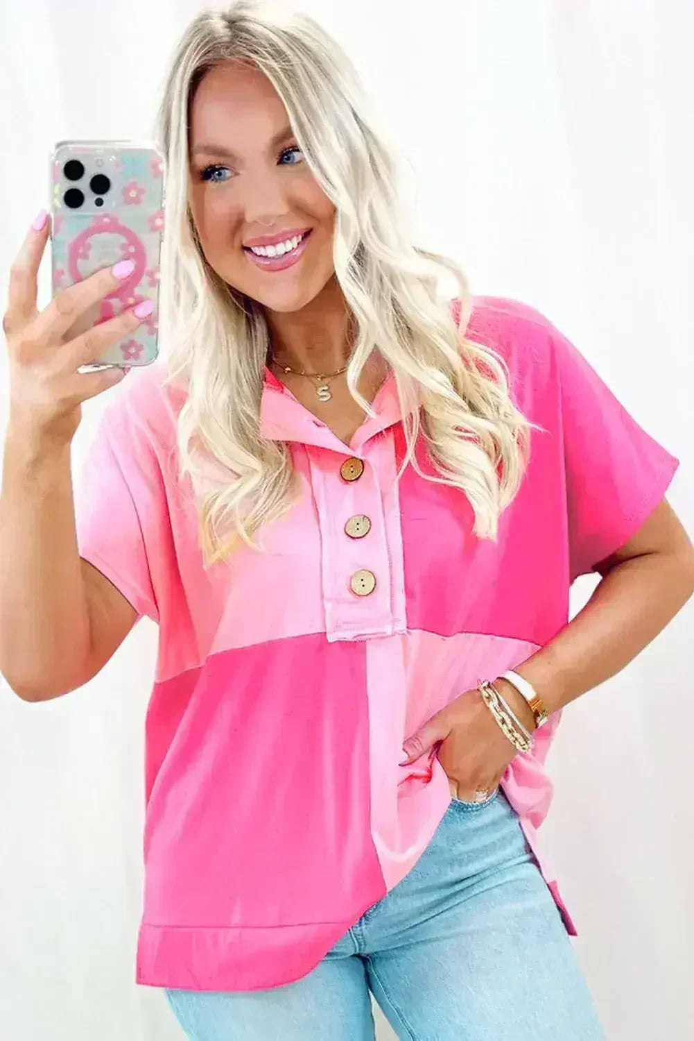 Mint Green Colorblock Half Buttons Henley T Shirt