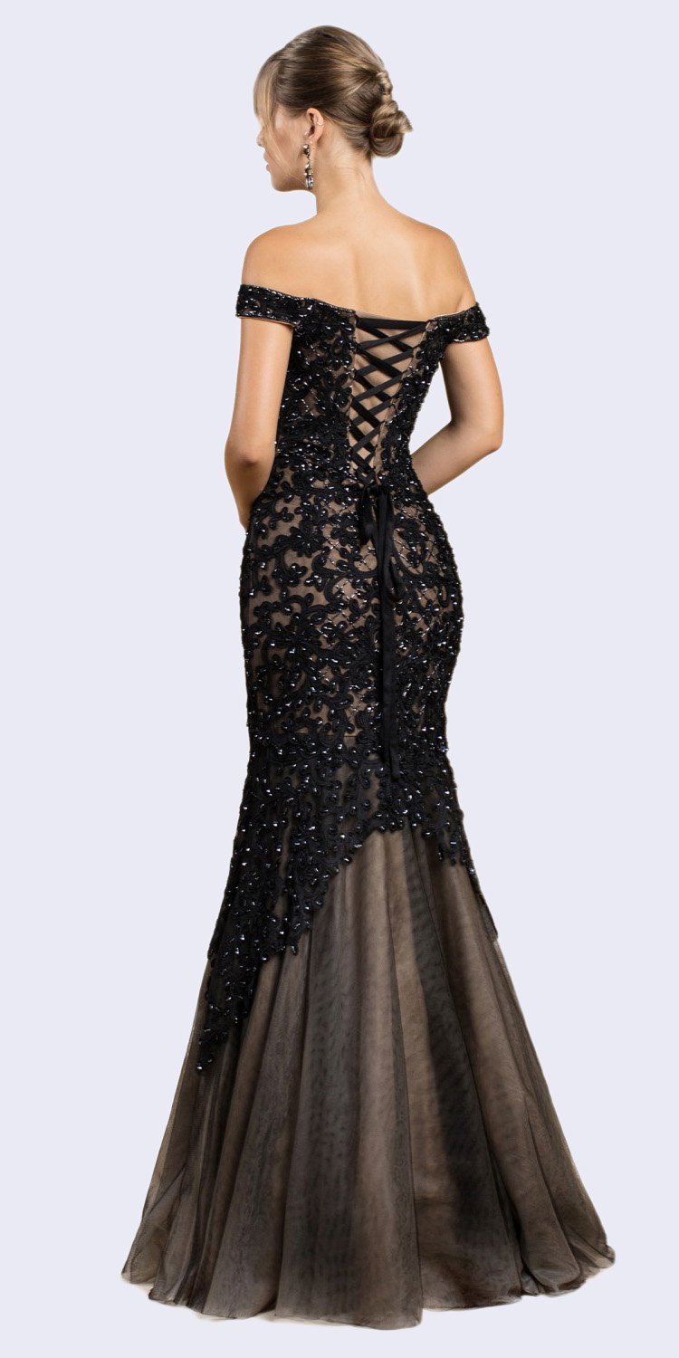 Cinderella Divine A0401 Off-Shoulder Mermaid Dress Lace Overlay Tulle Skirt