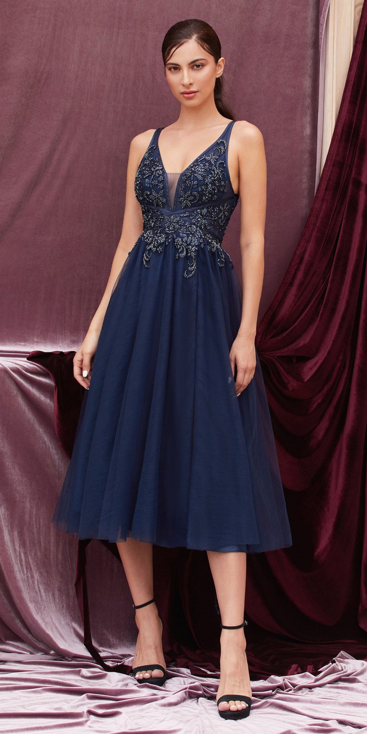 Andrea & Leo A0762s Appliqued Bodice Tea-Length Dress
