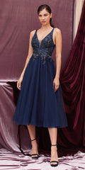 Andrea & Leo A0762s Appliqued Bodice Tea-Length Dress