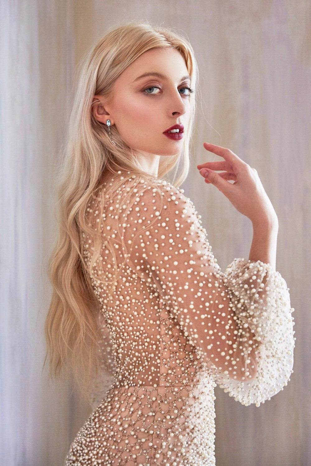 Andrea & Leo A0997W Pearl Beaded Long Sleeve Fit and Flare Long Dress