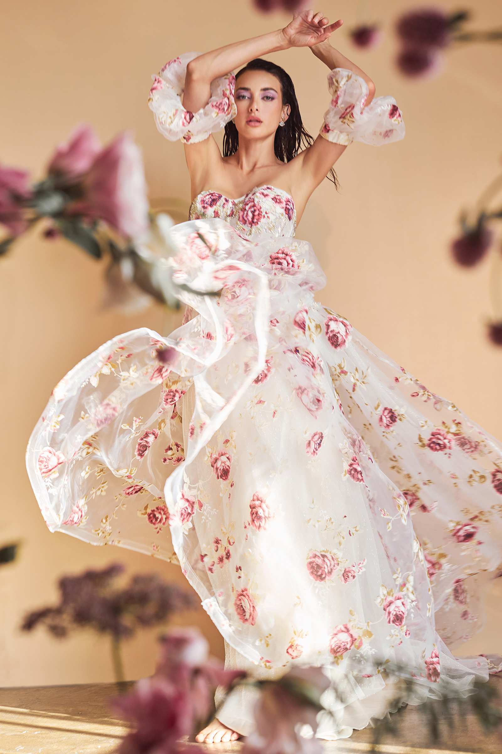 Andrea & Leo A1133 Floor Length Strapless Organza Peony Print Ball Gown