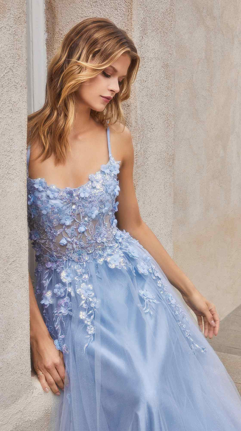 Andrea & Leo A1142 Floor Length Floral Applique A-Line Tulle Gown