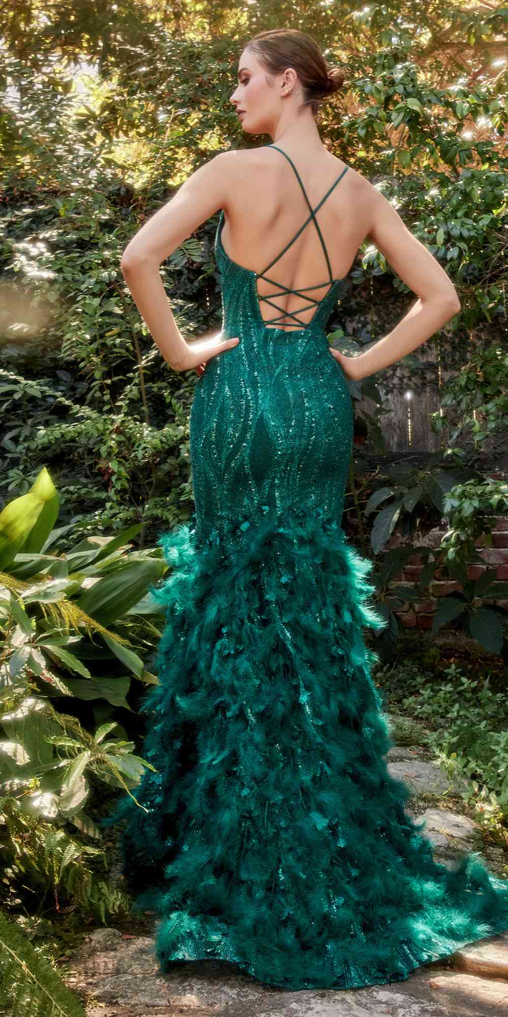 Andrea & Leo A1171 Long Emerald Dust Feather Mermaid Gown