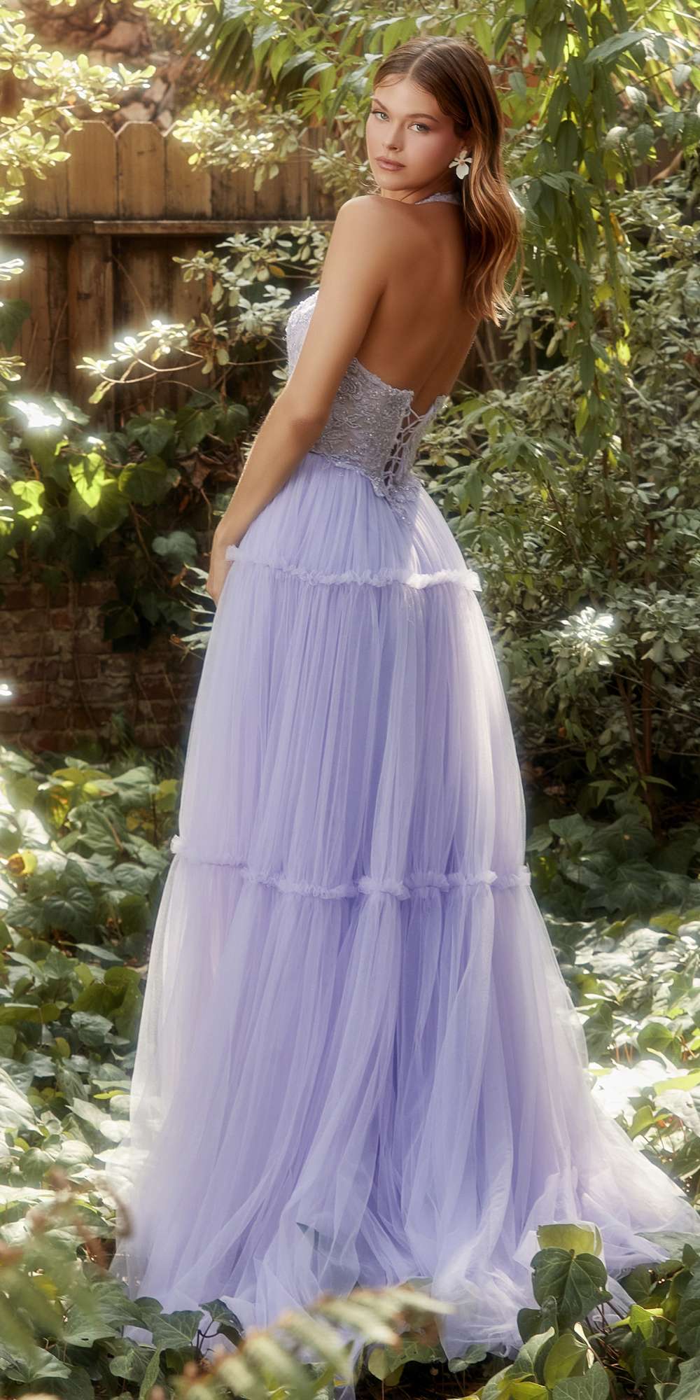 Andrea & Leo A1206 Long A-Line Garden Lace Halter Gown With Tier Skirt