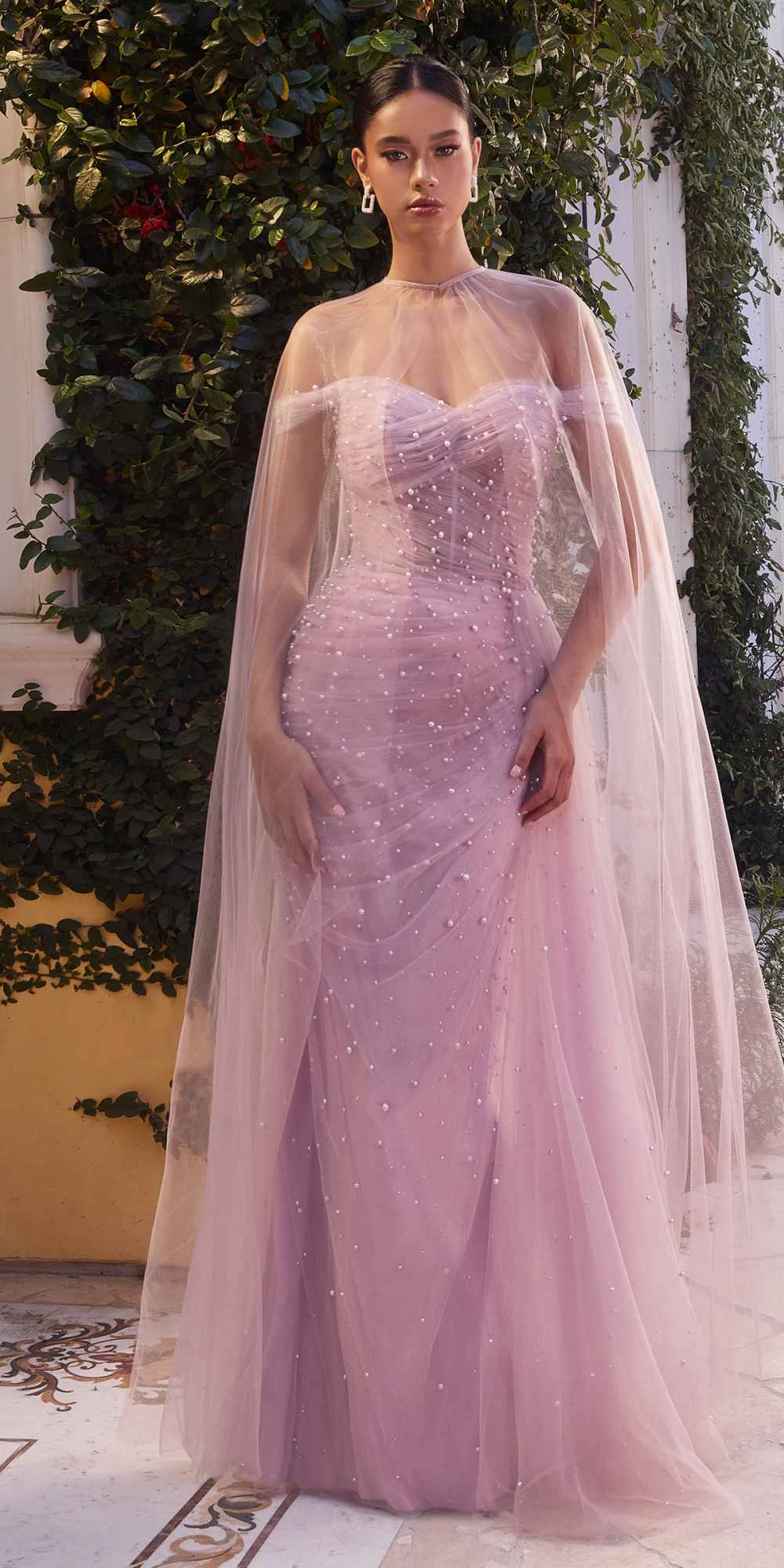 Andrea & Leo A1219 Floor Length Pearl Pleated Tulle Gown with Cape