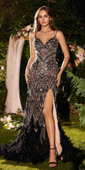 Andrea & Leo A1229 Long Fitted Feather and Bead Embellished Mermaid Gown