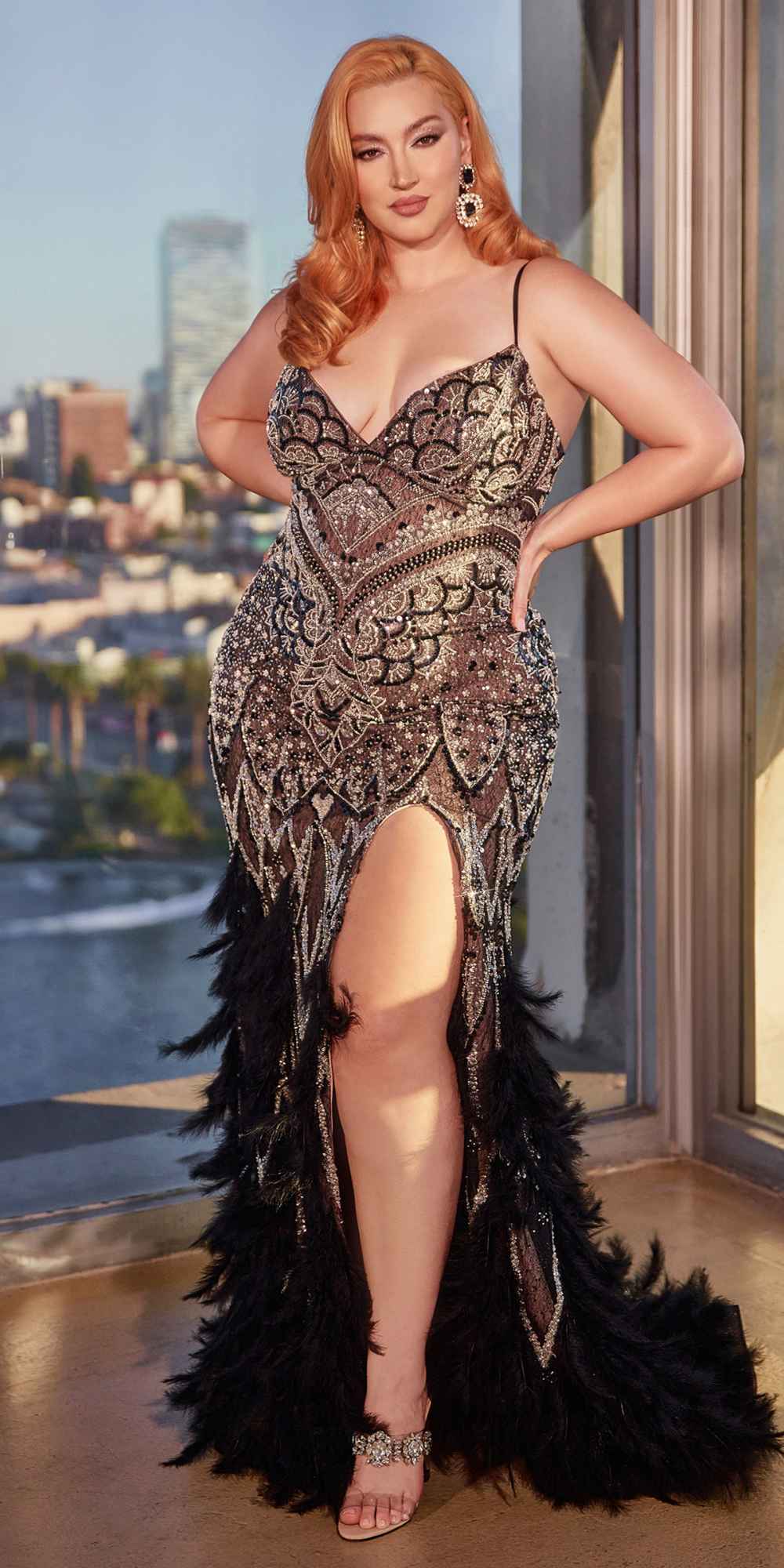 Andrea & Leo A1229 Long Fitted Feather and Bead Embellished Mermaid Gown