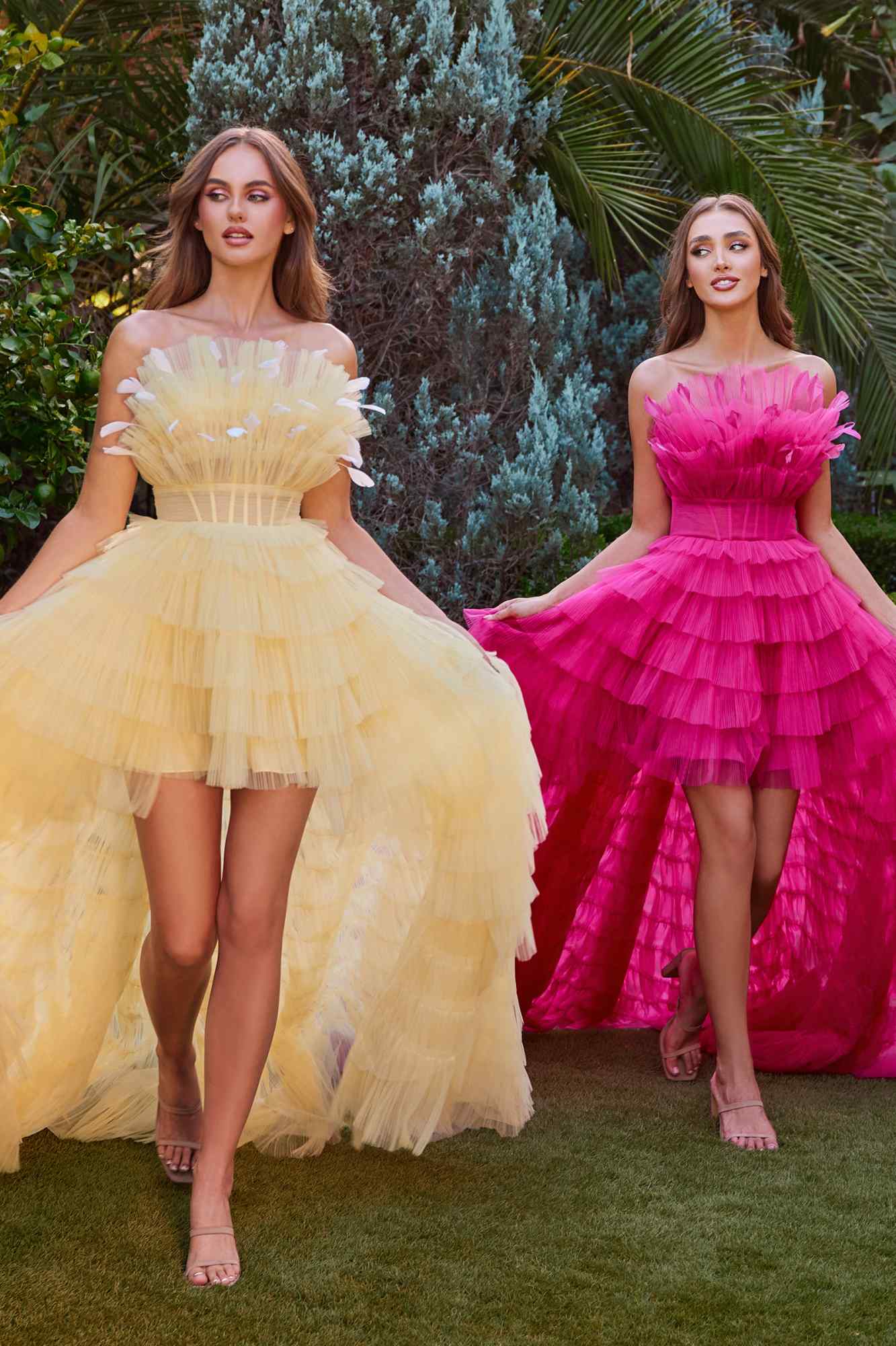 Andrea & Leo A1240 High-Low Ruffled Tiered Tulle Gown Feather Details