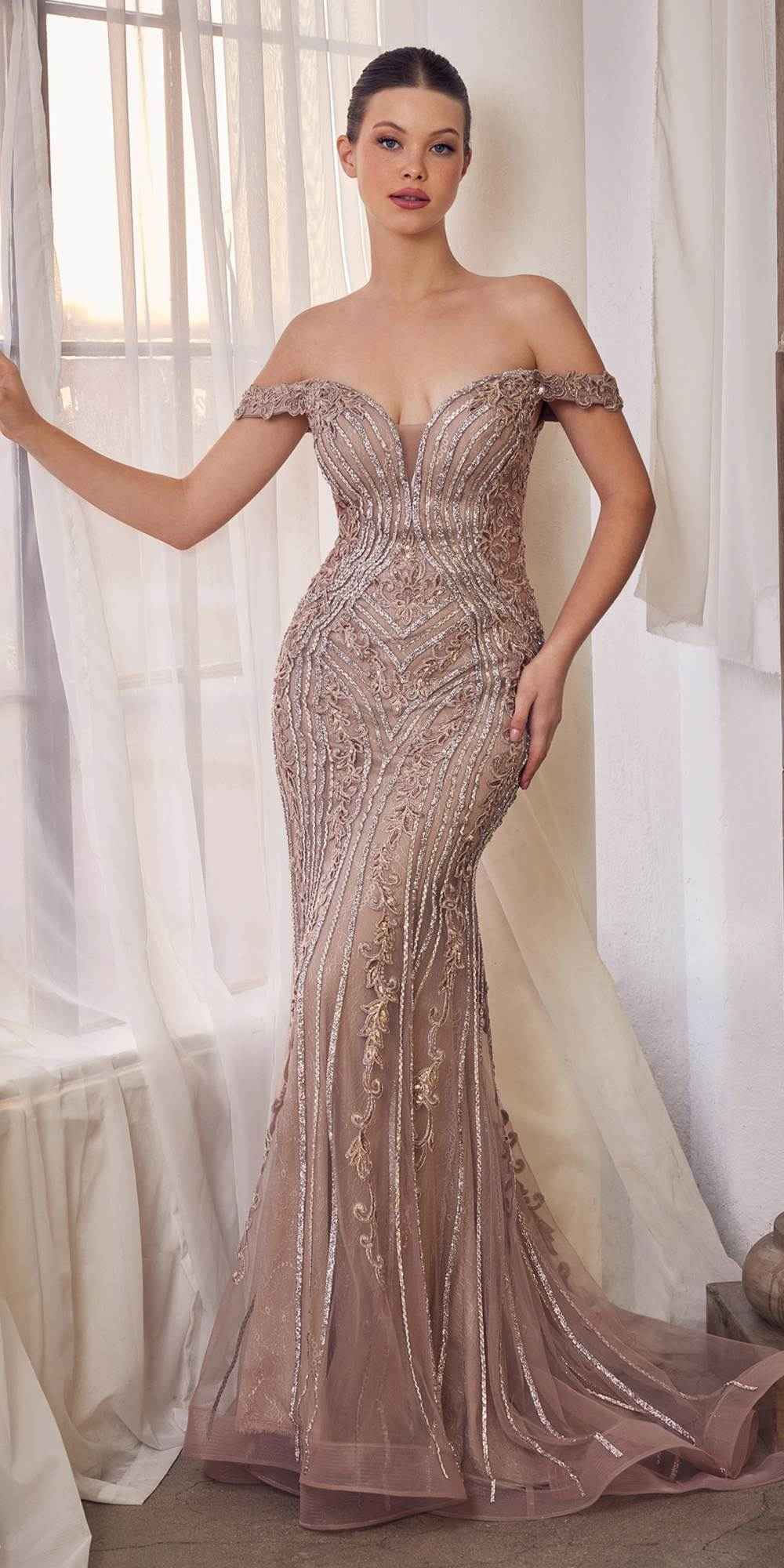 CLEARANCE - Andrea & Leo A1257 Long Off the Shoulder Dusty Mauve Gown (Size 4)