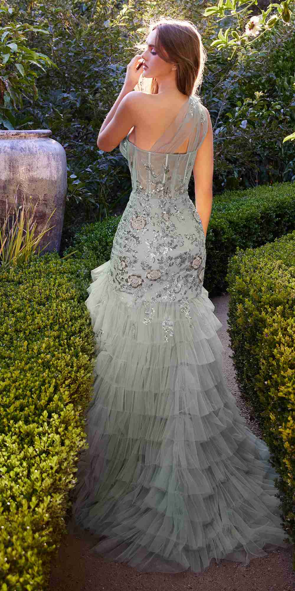 Andrea & Leo A1260 One Shoulder Embellished Layered Tulle Mermaid Gown