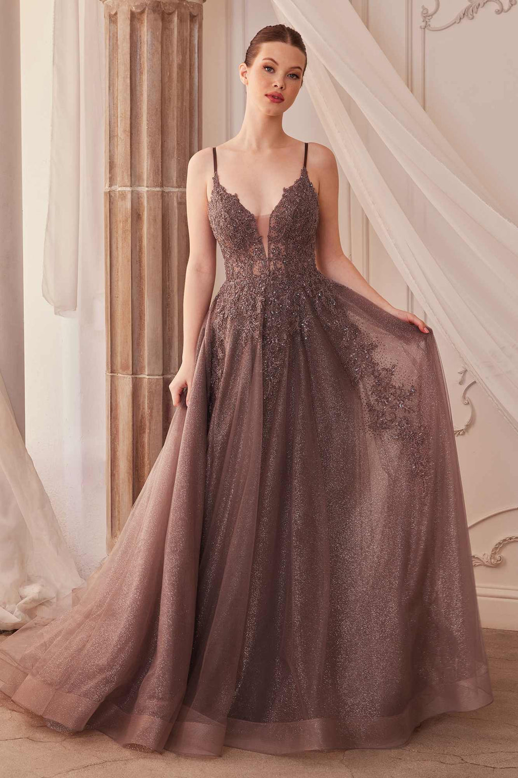 Andrea & Leo A1261 Long Lace Embellished A-Line Layered Tulle Gown