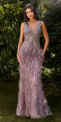 Andrea & Leo A1273 Long Bead and Feather Embellish V-Neck Formal Gown