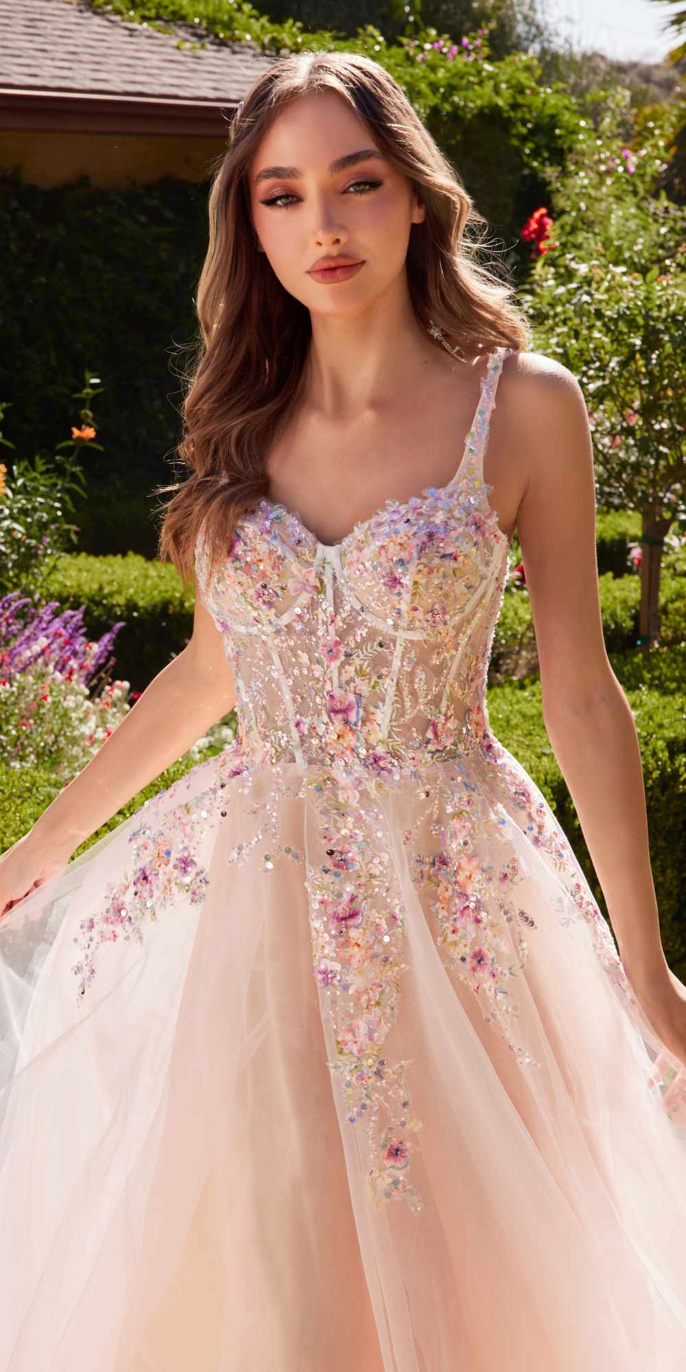 Andrea & Leo A1288 Long A-Line Dress Multicolored Floral Embellishments