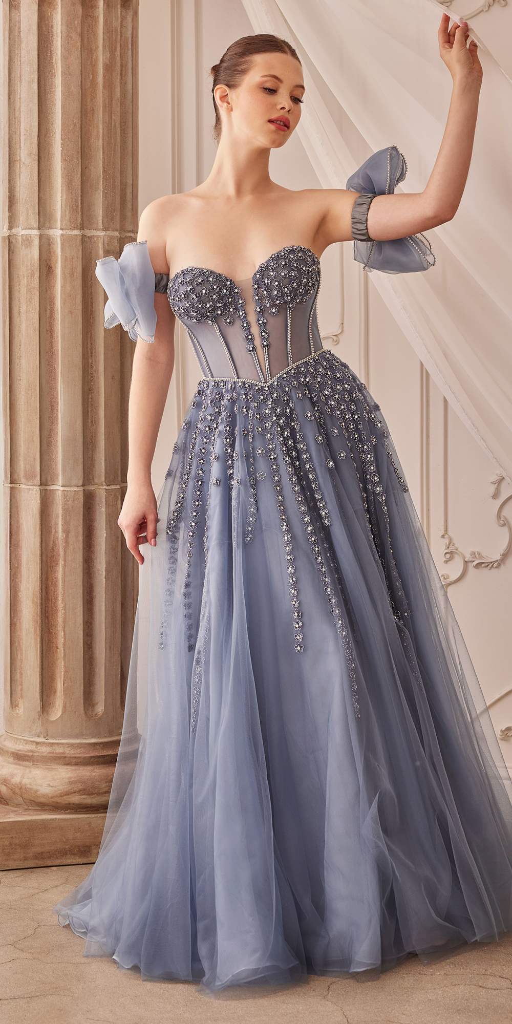 Andrea & Leo A1338 Long Strapless Beaded Gown with Bow Arm Bands