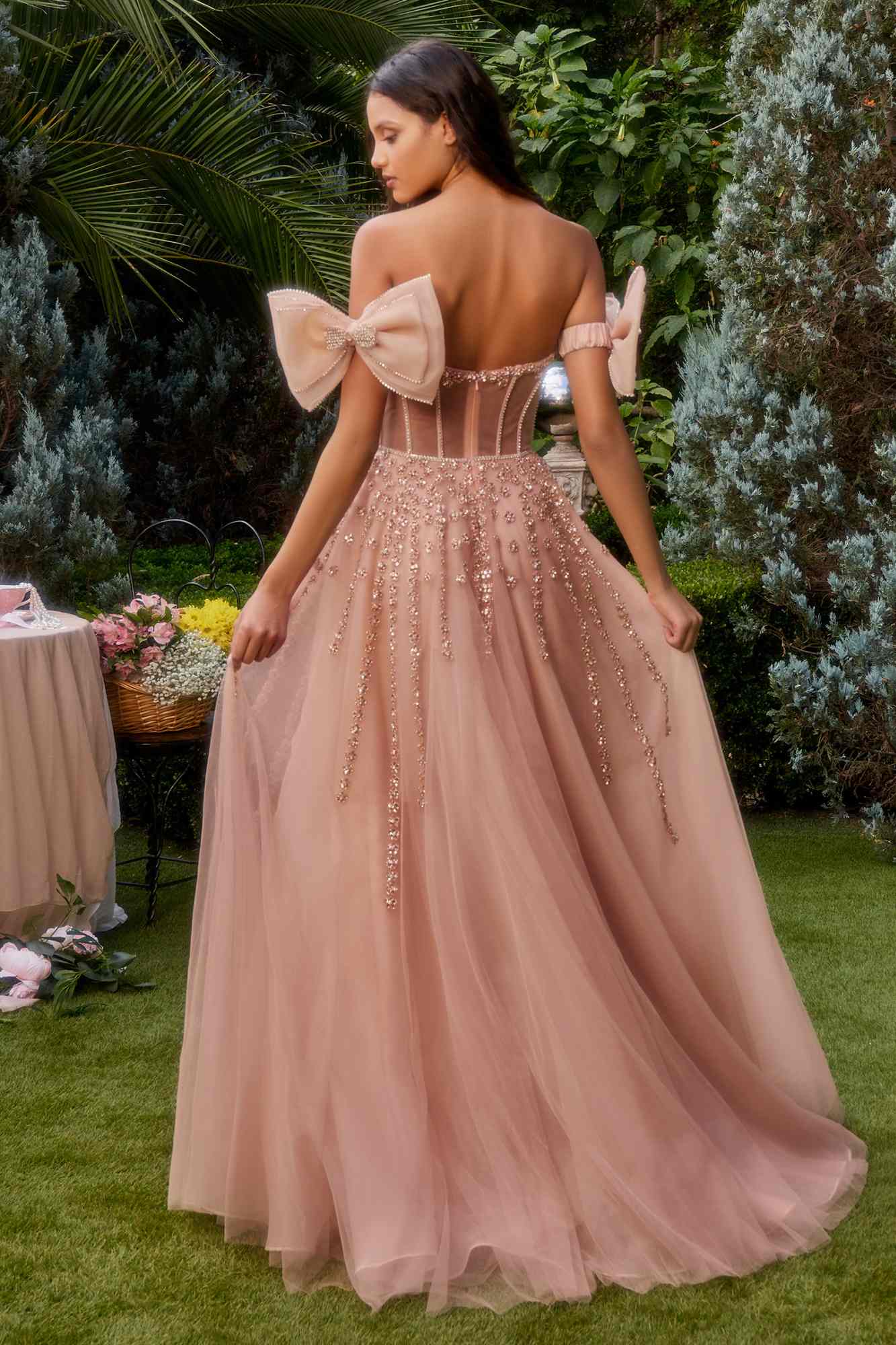 Andrea & Leo A1338 Long Strapless Beaded Gown with Bow Arm Bands