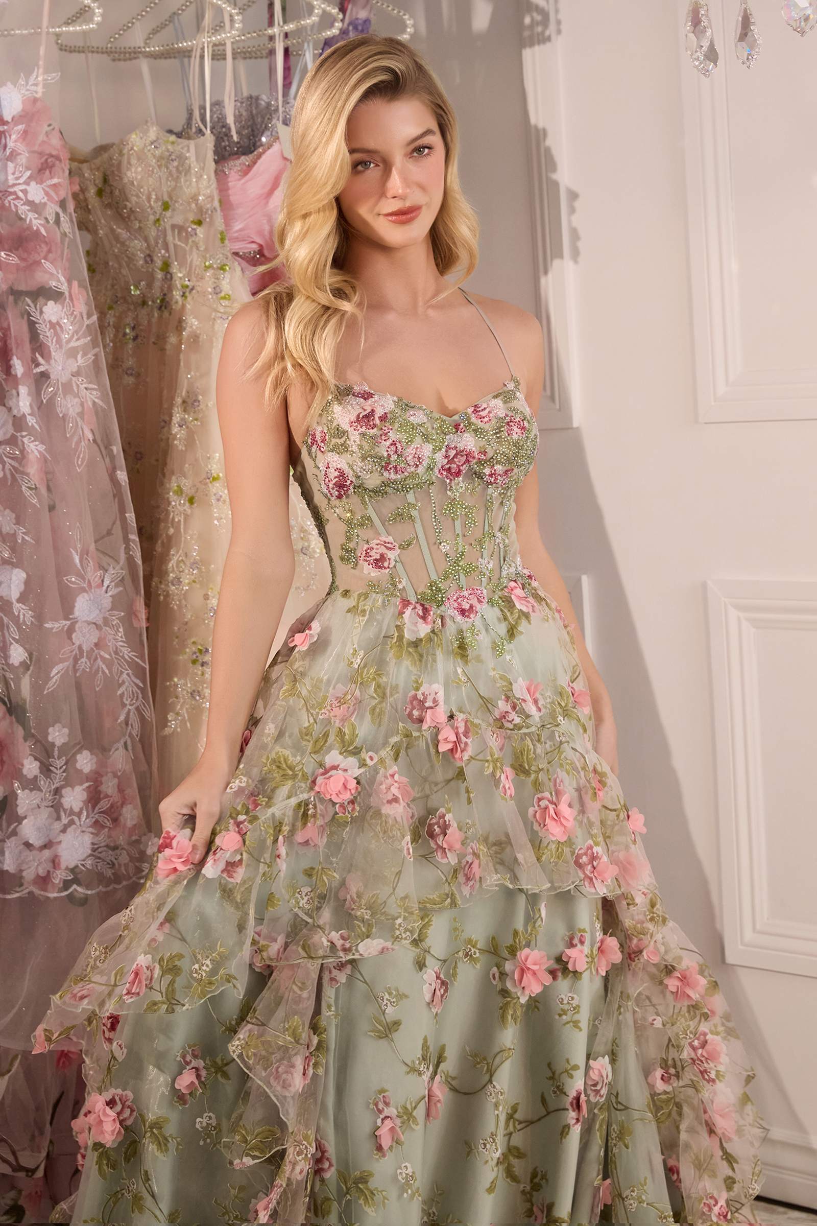 Andrea & Leo A1420 Dress Sage Floral Print Layered A-Line Gown