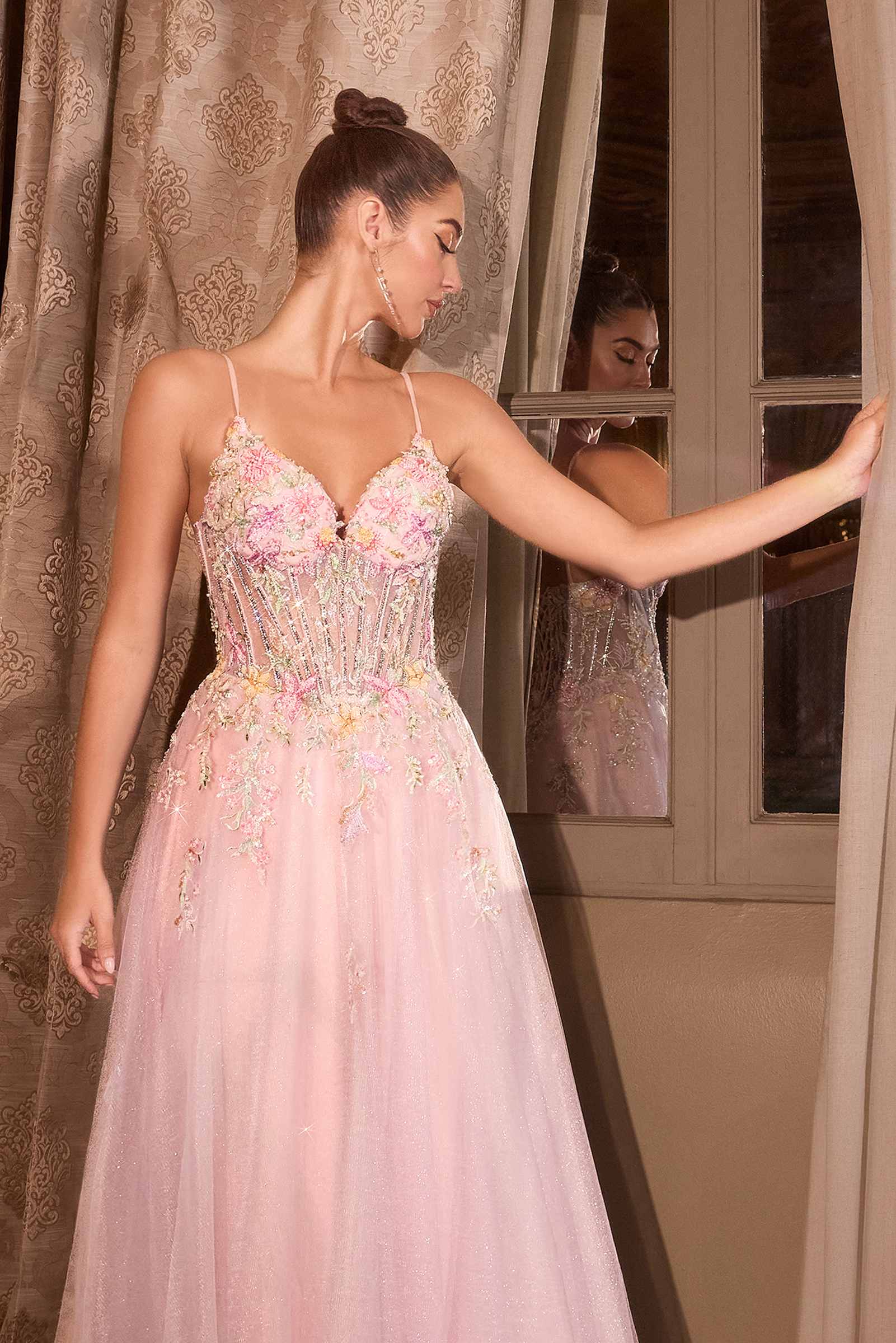 Andrea & Leo A1477 Deep V-Neck Floral Print Applique A-Line Ball Gown