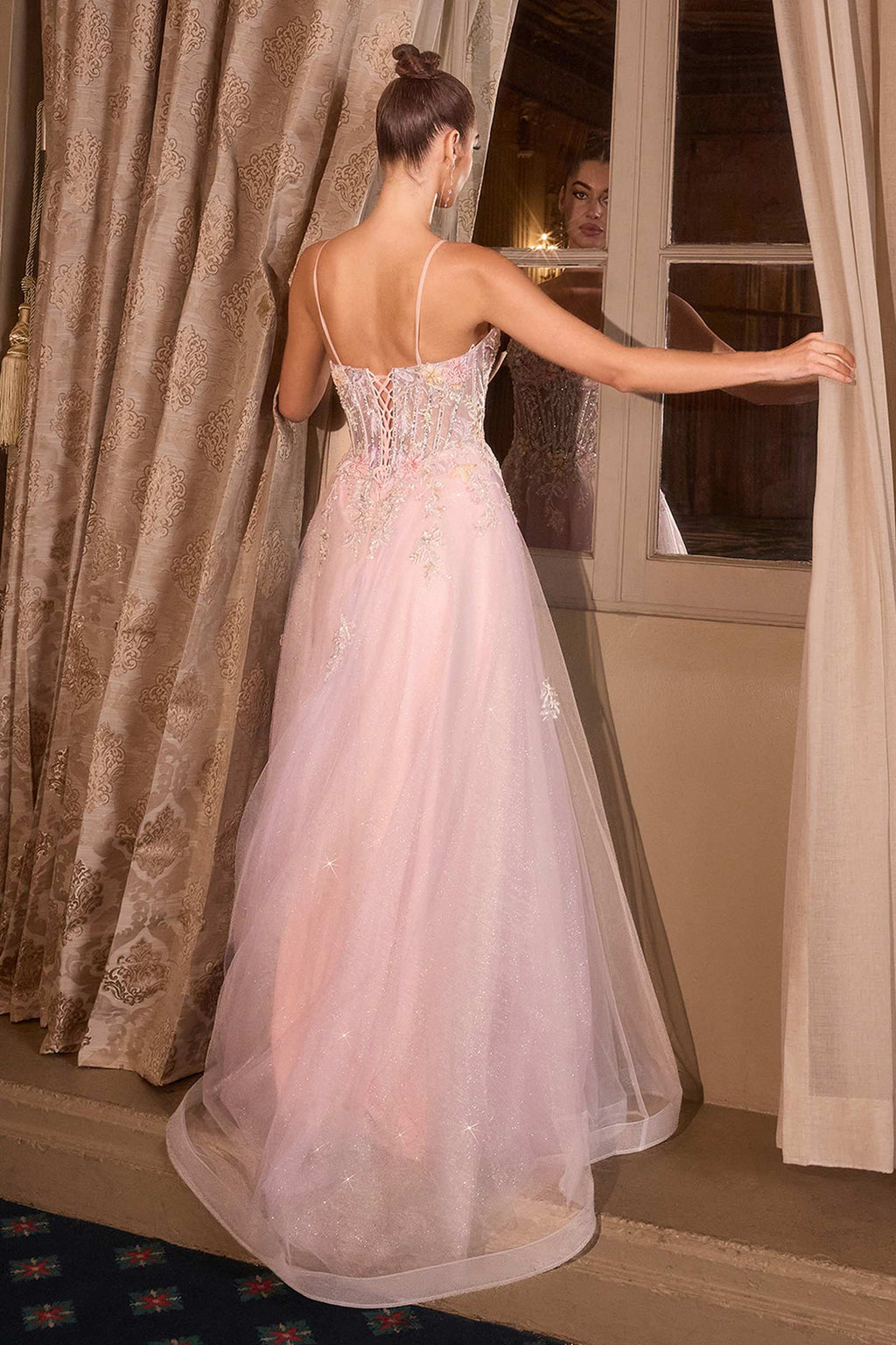 Andrea & Leo A1477 Deep V-Neck Floral Print Applique A-Line Ball Gown